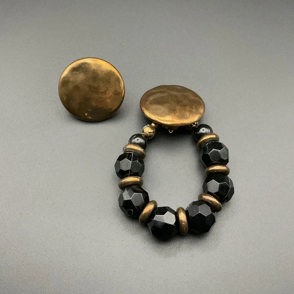 Vintage Gold Tone and Black Beaded Clip On Earrings Adjustable